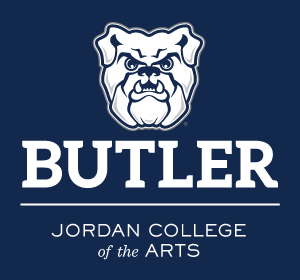 Butler Bulldog head over BUTLER JORDAN COLLEGE of the ARTS, white/navy variant, cell 96