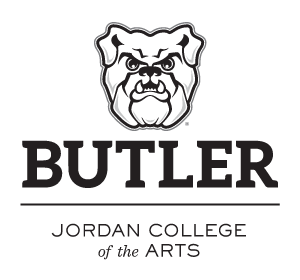 Butler Bulldog head over BUTLER JORDAN COLLEGE of the ARTS, black/white variant, cell 97