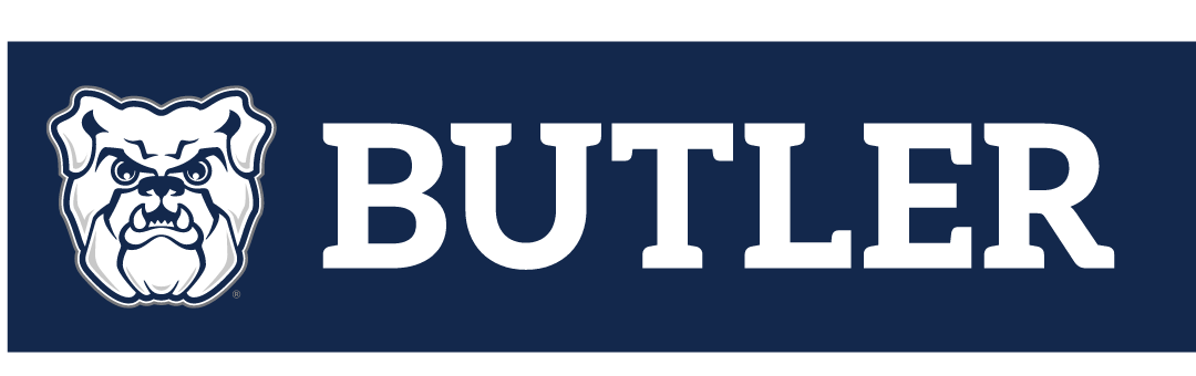 Bulldog head and BUTLER wordmark lockup, white on navy variant