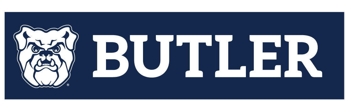 Bulldog head and BUTLER wordmark lockup, white on navy variant