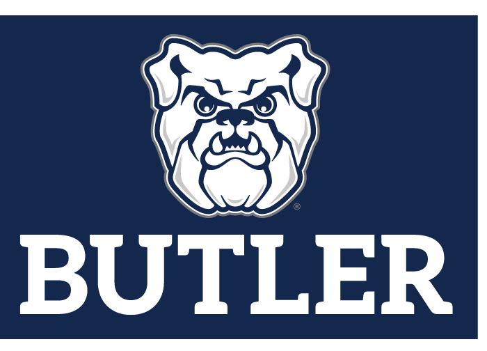 bulldog head and wordmark lockup, white on navy background variant