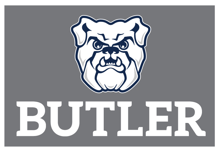 bulldog head and wordmark lockup, white on grey background variant