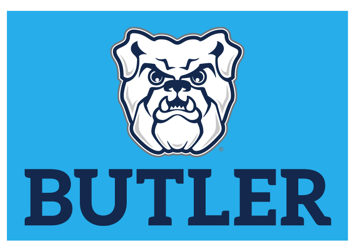bulldog head and wordmark lockup, navy and white on light blue background variant
