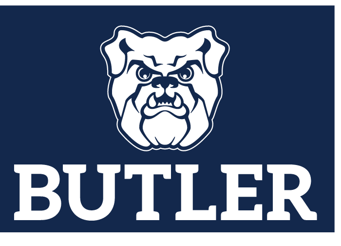 bulldog head and wordmark lockup, white on navy background variant