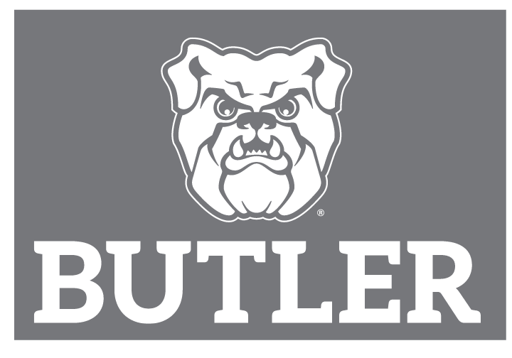 bulldog head and wordmark lockup, white on grey background variant
