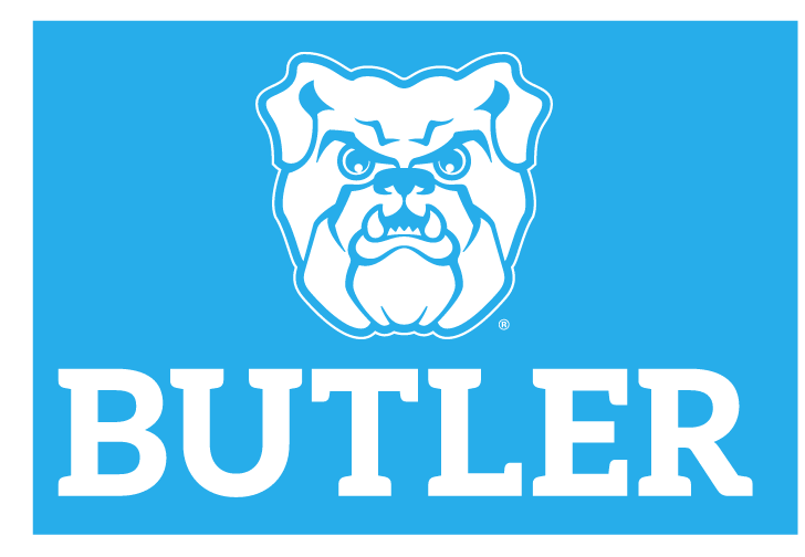 bulldog head and wordmark lockup, white on light blue background variant