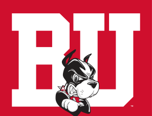 BU logo with mascot, white and black on red variant, cell 103