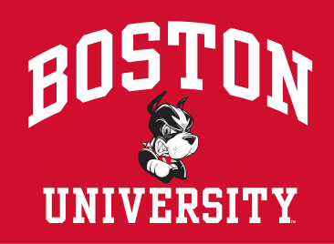 BOSTON UNIVERSITY wordmark with mascot, white and black on red variant, cell 108