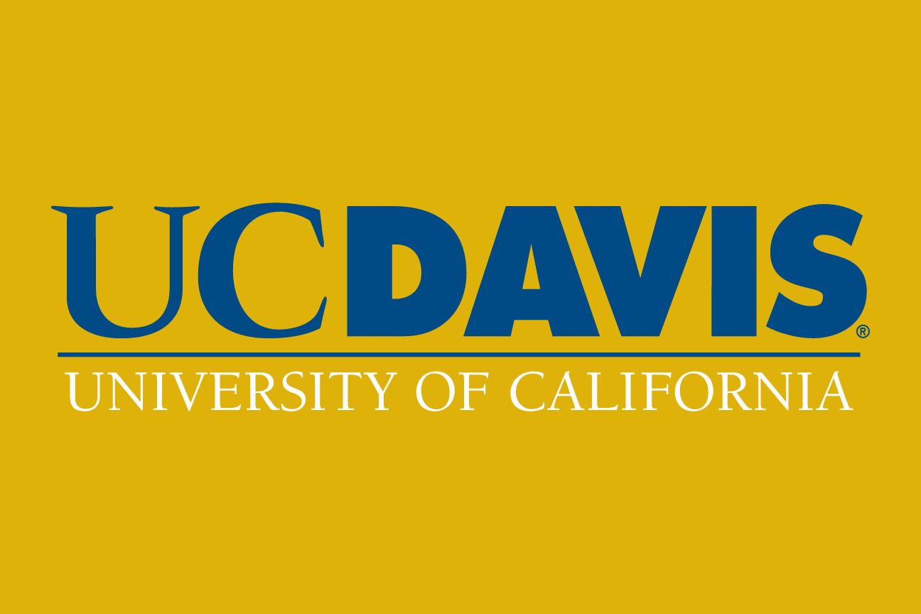UC Davis secondary wordmark, blue/white on gold variant, cell 9