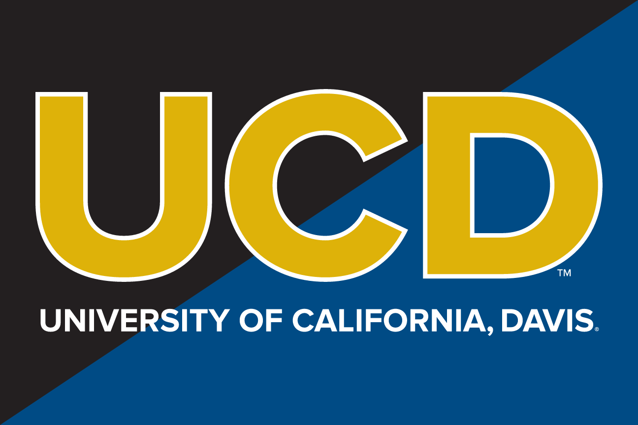 UCD lockup, gold/white on blue, stacked variant, cell 24