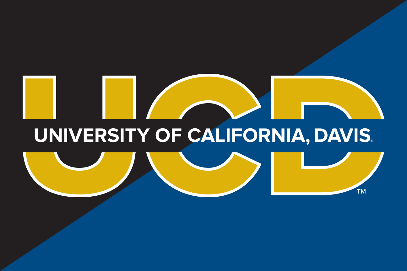 UCD lockup, gold/white on blue, stacked variant, cell 25