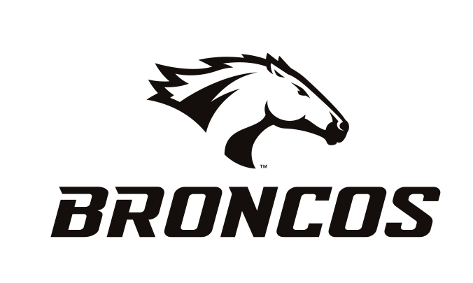 Bronco head with BRONCOS wordmark, black and white variant, cell 11