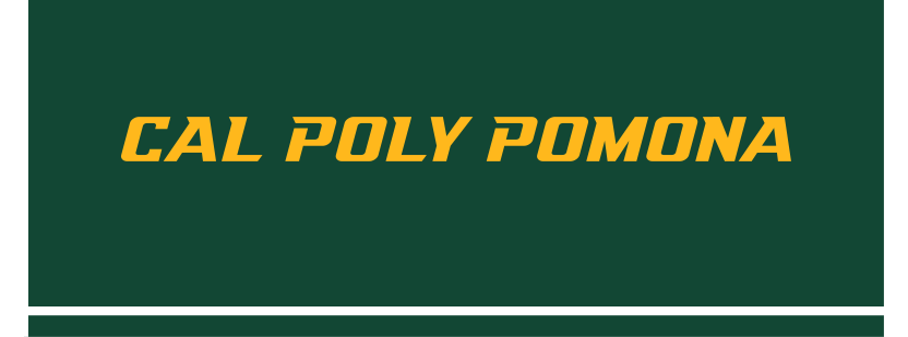 Cal Poly Pomona wordmark, slanted gold on green variant, cell 56