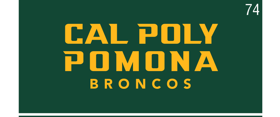 CAL POLY POMONA BRONCOS wordmark, stacked gold on green variant, cell 74