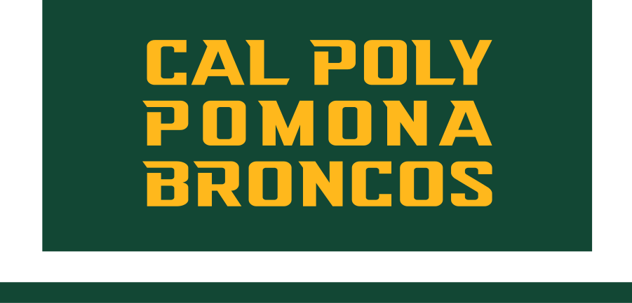 CAL POLY POMONA BRONCOS wordmark, stacked large BRONCOS gold on green variant, cell 80