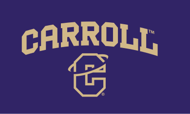 Carroll wordmark with 'C' lettermark, gold/purple on purple variant, cell 14