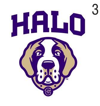 HALO wordmark with mascot head, purple/gold variant, cell 31