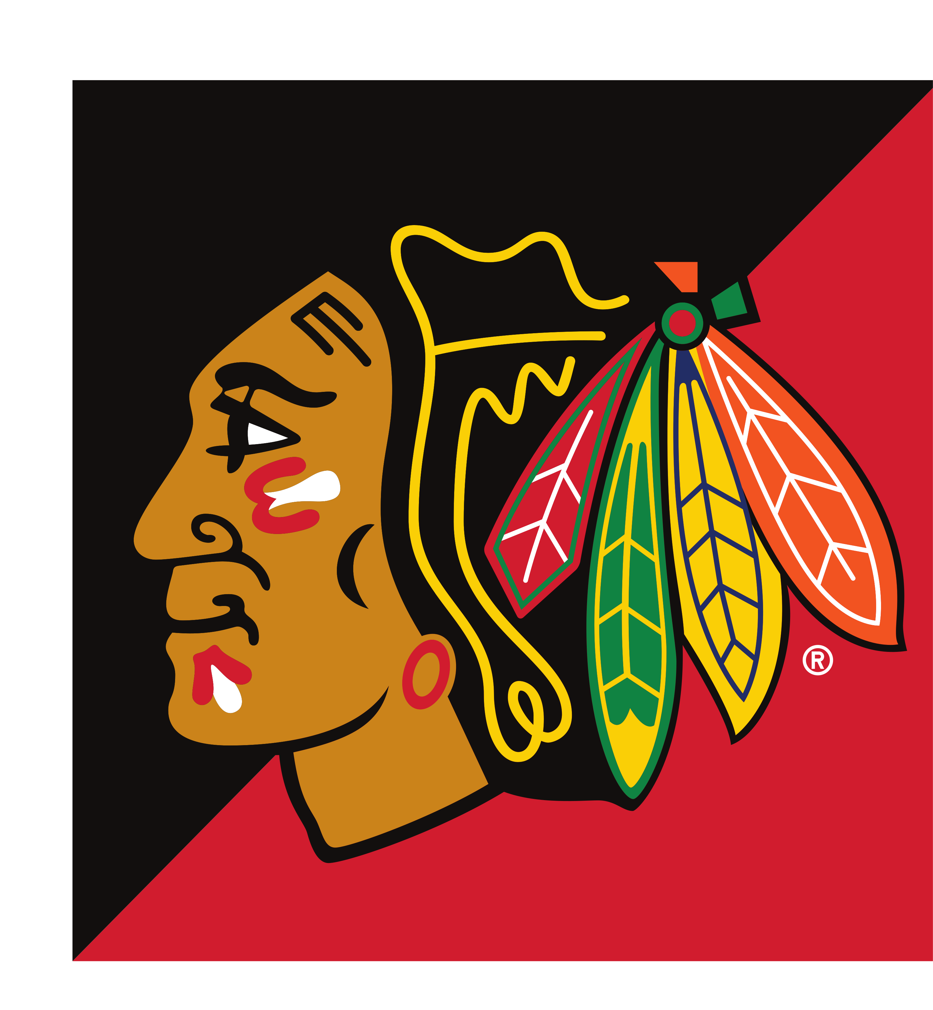 Chicago Blackhawks head logo, print version with R, red/black background variant