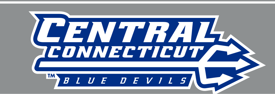 Central Connecticut Blue Devils wordmark, stacked wordmark with trident, color on grey variant, cell 11