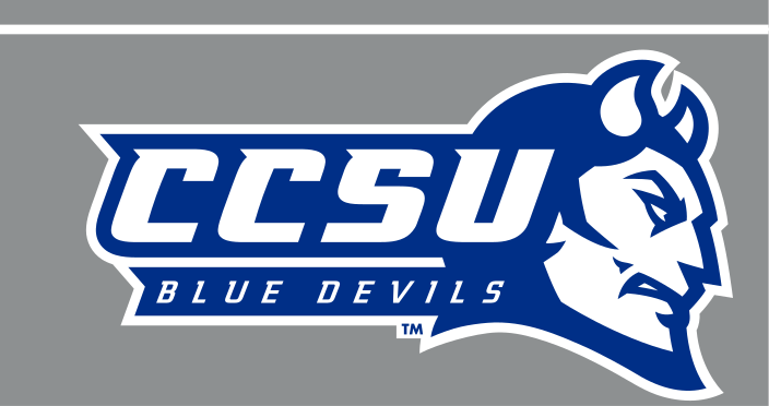 CCSU Blue Devils wordmark, stacked wordmark with mascot head, color on grey variant, cell 15