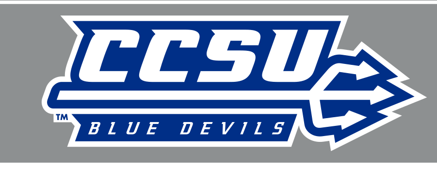 CCSU Blue Devils wordmark, stacked wordmark with trident, color on grey variant, cell 19