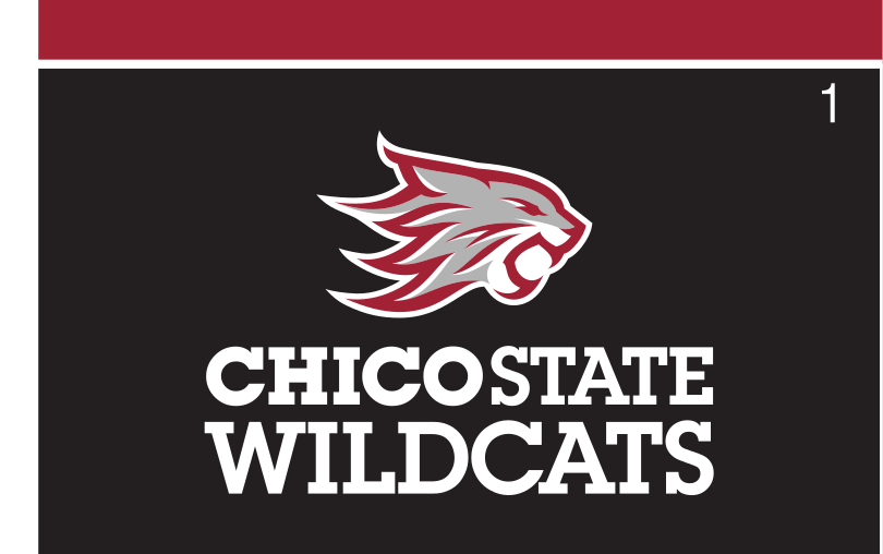 Chico State Wildcats lockup, red/gray head, white text, black background variant, cell 10