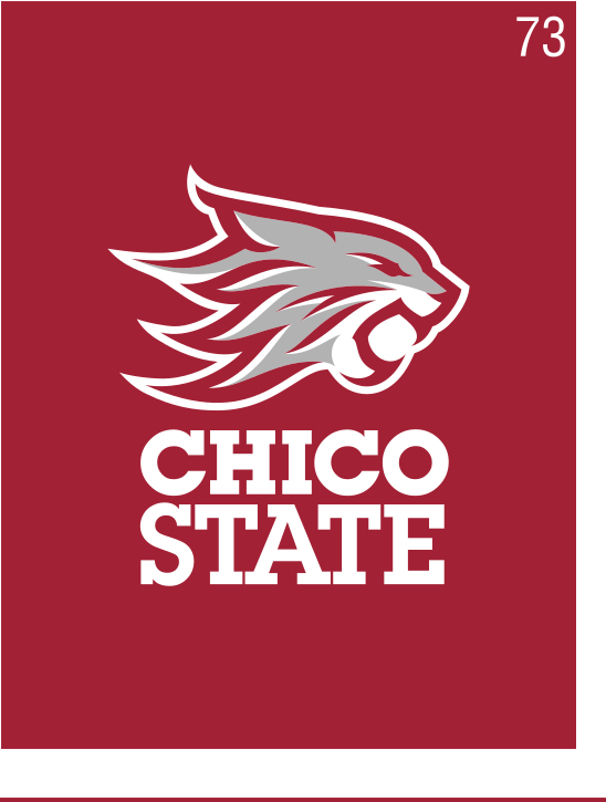 Chico State stacked mark, color on red background variant, cell 73