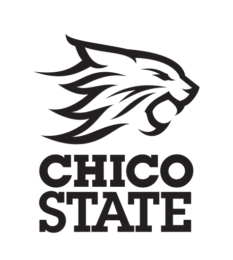Chico State stacked mark, black on white background variant, cell 75