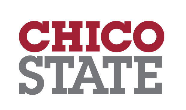 Chico State horizontal wordmark, red and grey on white background variant, cell 80