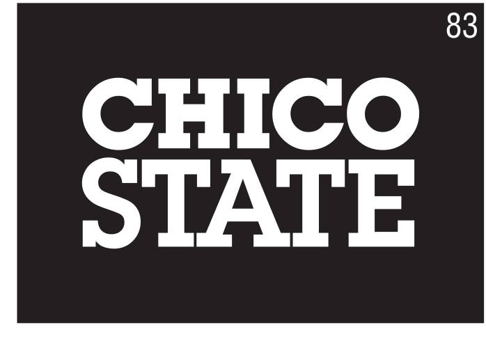 Chico State horizontal wordmark, white on dark background variant, cell 83