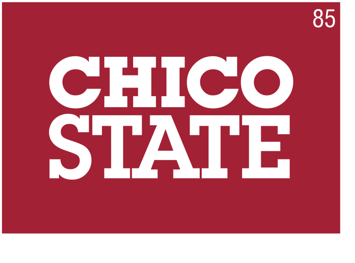 Chico State horizontal wordmark, white on red background variant, cell 85