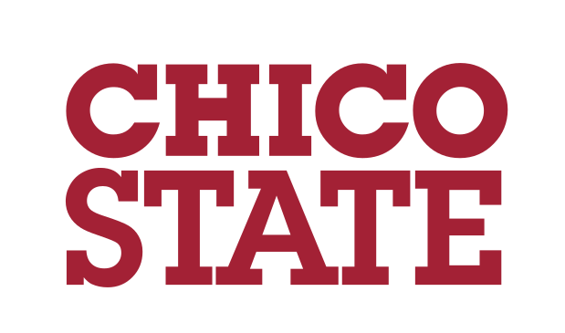 Chico State horizontal wordmark, red on white background variant, cell 86