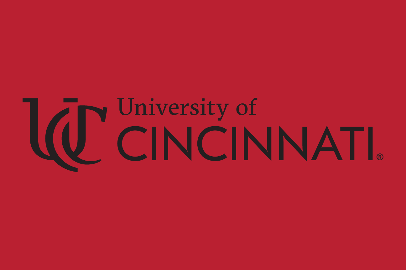 University of Cincinnati horizontal lockup, white/red on black variant, cell 36