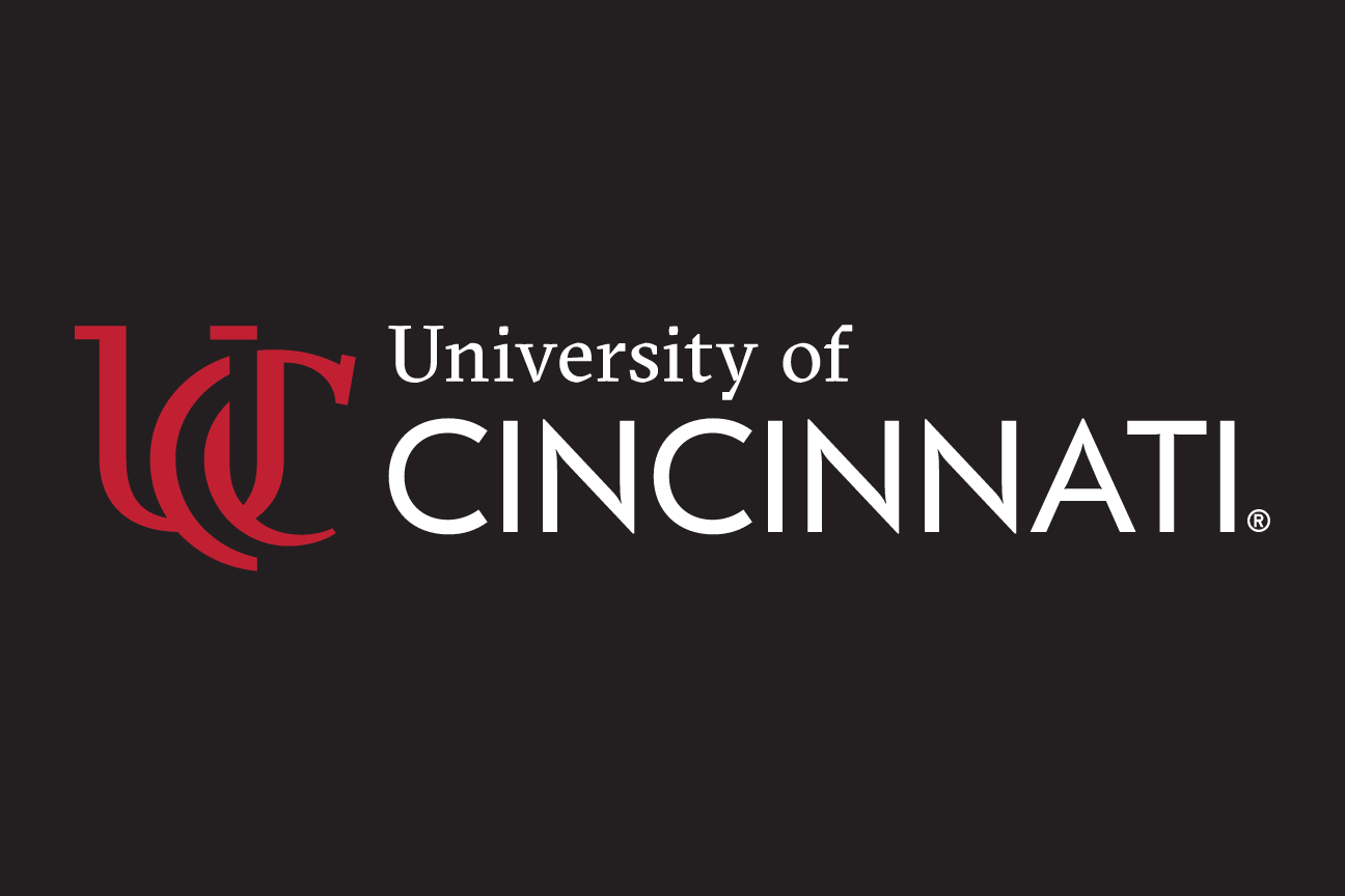 University of Cincinnati horizontal lockup, white on black variant, cell 37