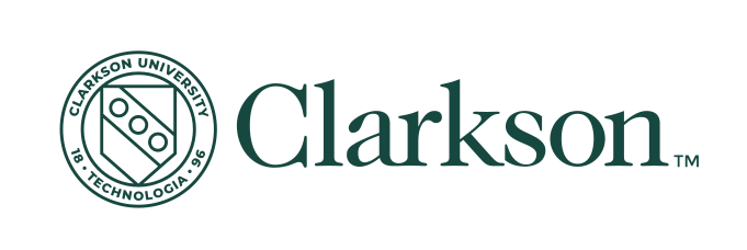 Clarkson University logo, horizontal, outline seal, black variant, cell 58