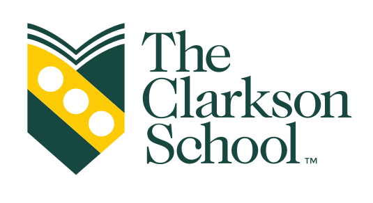 The Clarkson School logo, stacked, yellow shield, black variant, cell 82