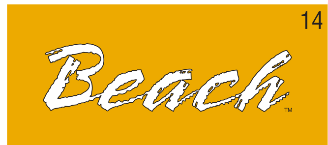Beach script wordmark, white with black outline on yellow variant, cell 14