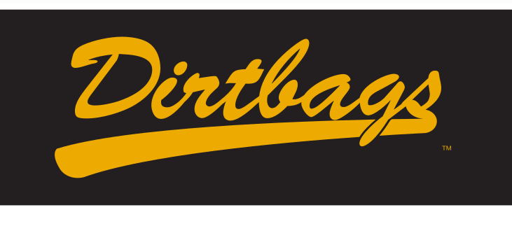 Dirtbags script wordmark, yellow with black outline variant, cell 22