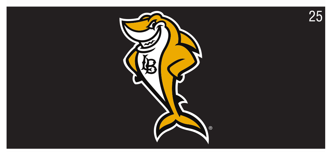 Shark mascot with LB lettermark, full color on black variant, cell 25