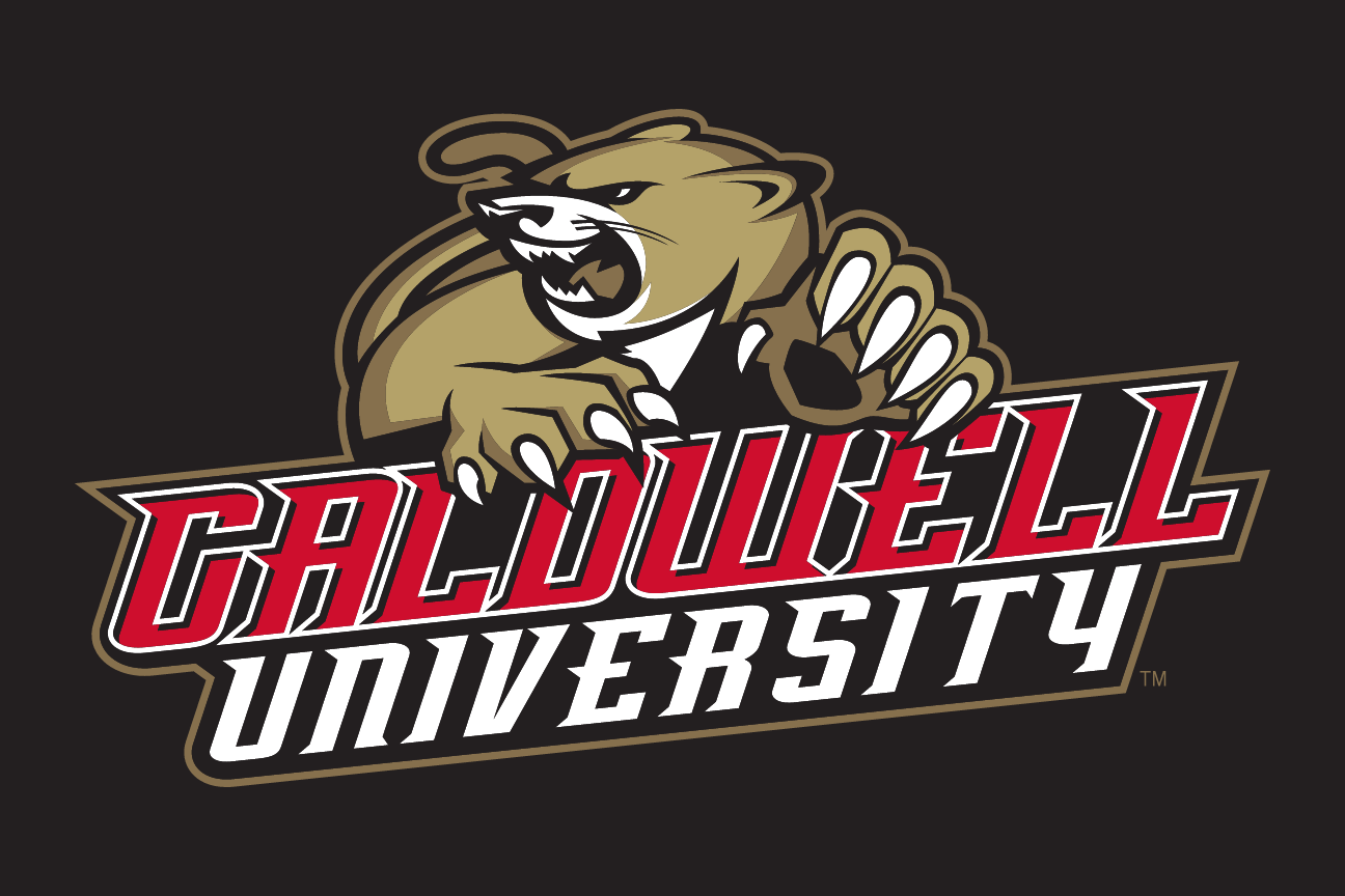 Cougar mascot with Caldwell University wordmark, full color reverse variant, cell 21