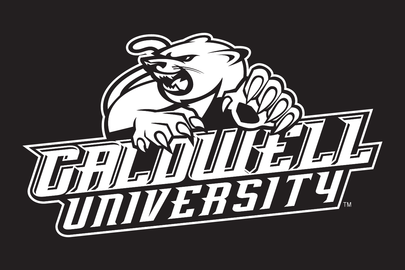 Cougar mascot with Caldwell University wordmark, 1-color reverse variant, cell 25