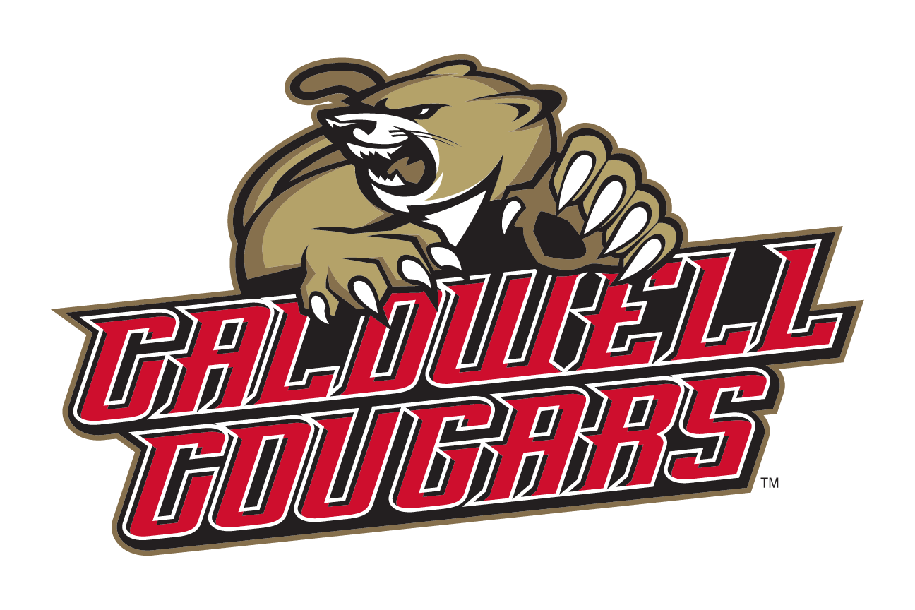 Cougar mascot with Caldwell Cougars wordmark, full color variant, cell 26