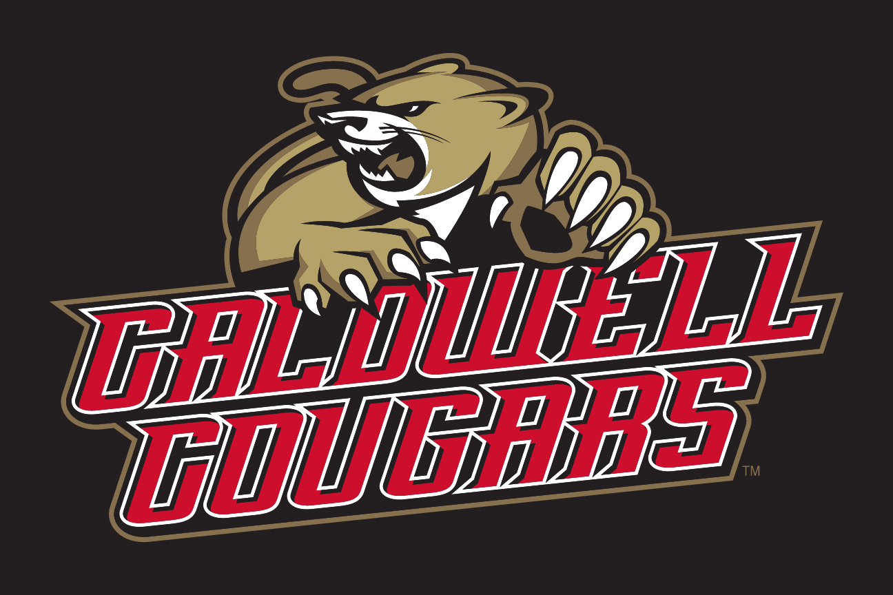 Cougar mascot with Caldwell Cougars wordmark, full color reverse variant, cell 27