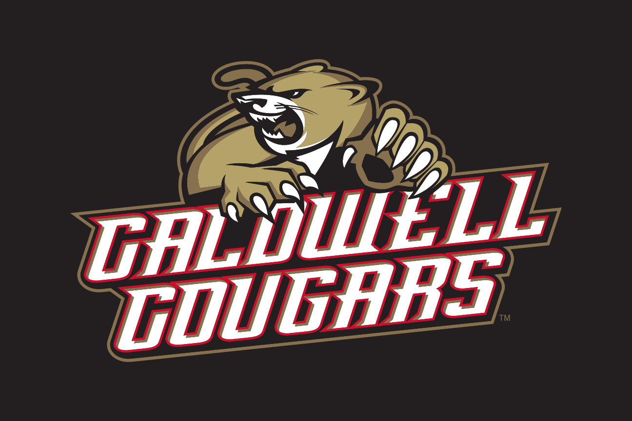 Cougar mascot with Caldwell Cougars wordmark, 2-color reverse variant, cell 29