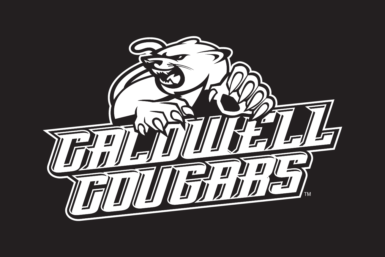 Cougar mascot with Caldwell Cougars wordmark, 1-color reverse variant, cell 31