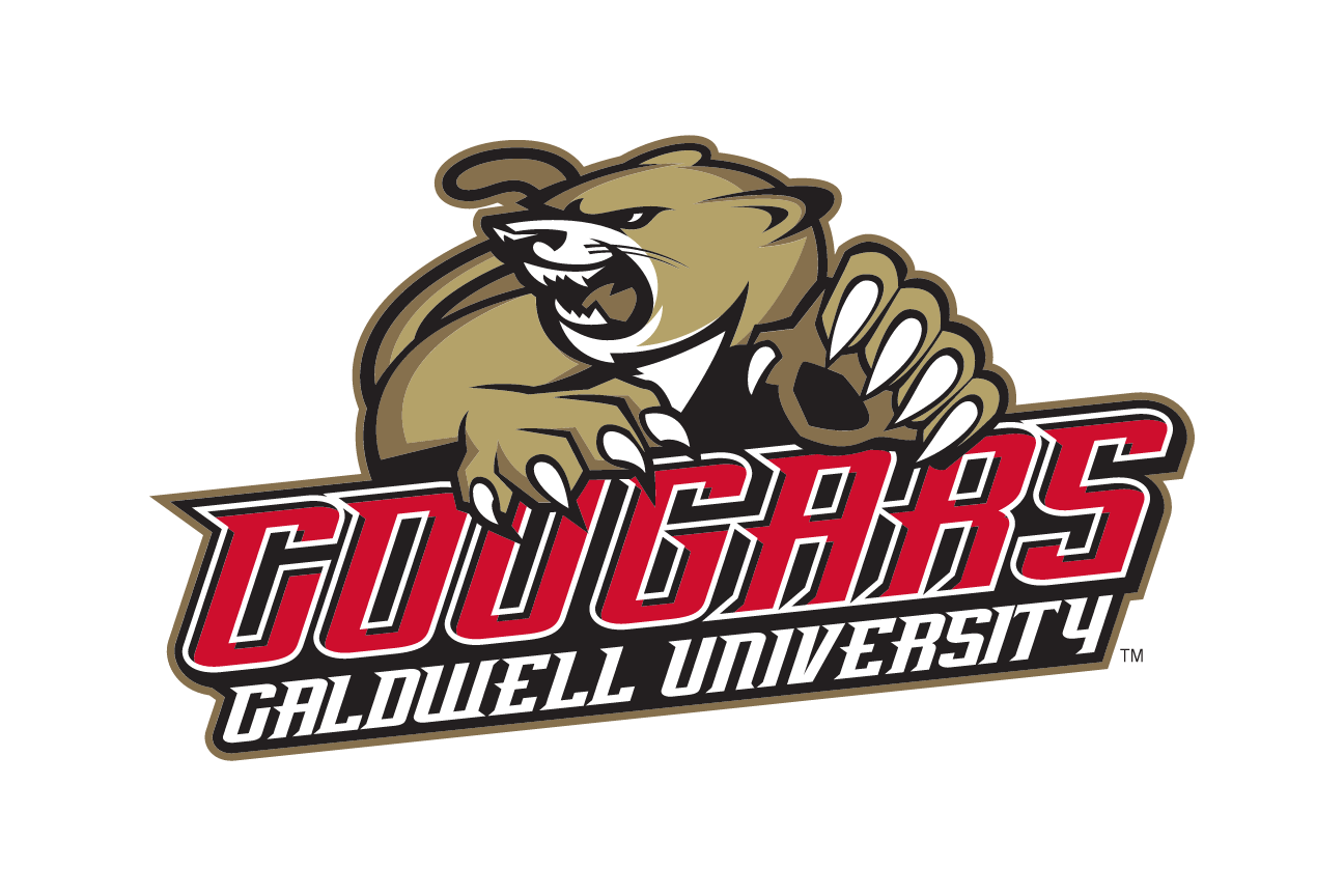 Cougar mascot with Cougars Caldwell University wordmark, full color variant, cell 32
