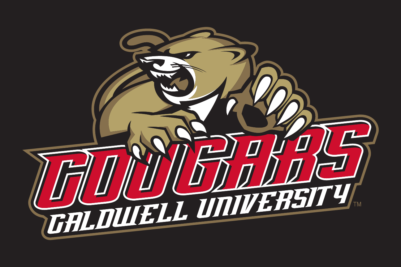 Cougar mascot with Cougars Caldwell University wordmark, full color reverse variant, cell 33