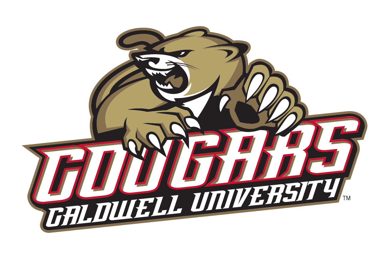Cougar mascot with Cougars Caldwell University wordmark, 2-color variant, cell 34