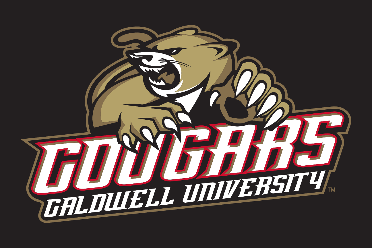 Cougar mascot with Cougars Caldwell University wordmark, 2-color reverse variant, cell 35