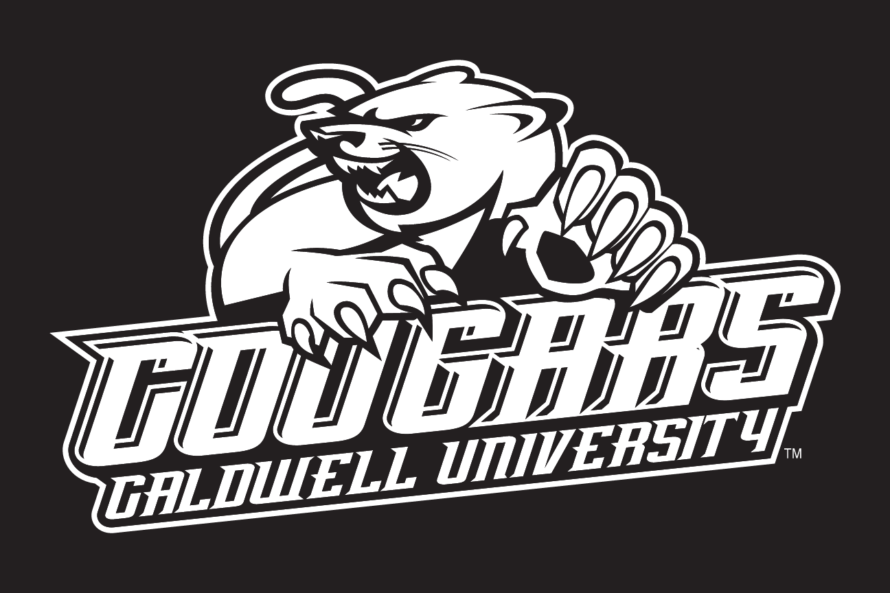 Cougar mascot with Cougars Caldwell University wordmark, 1-color reverse variant, cell 37